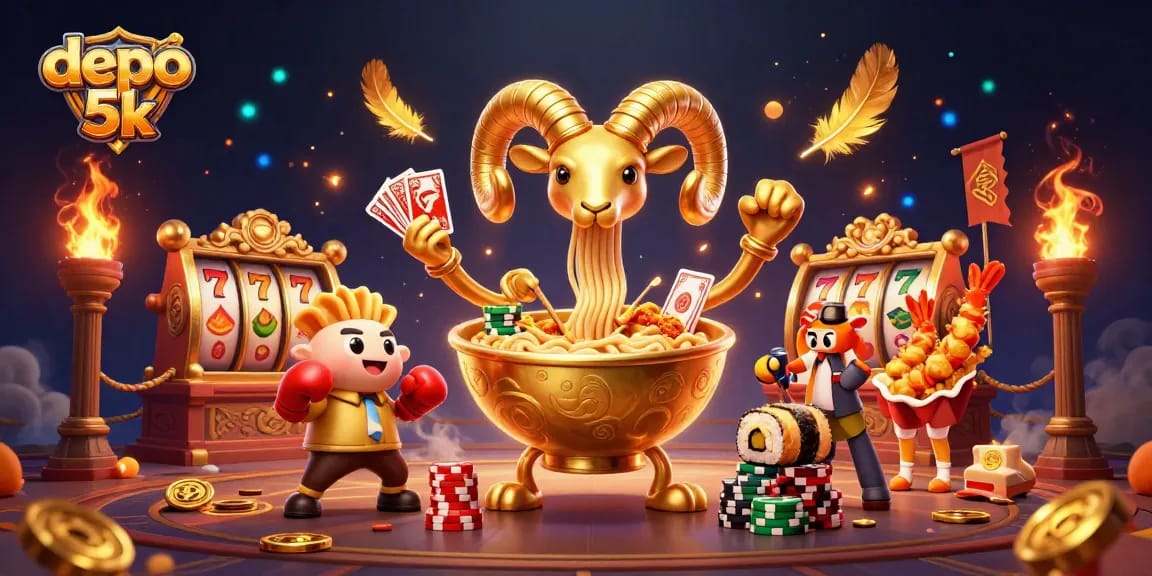 Experience the thrill of depo 5k in this vibrant 3D casino illustration showcasing dynamic characters and gaming elements.