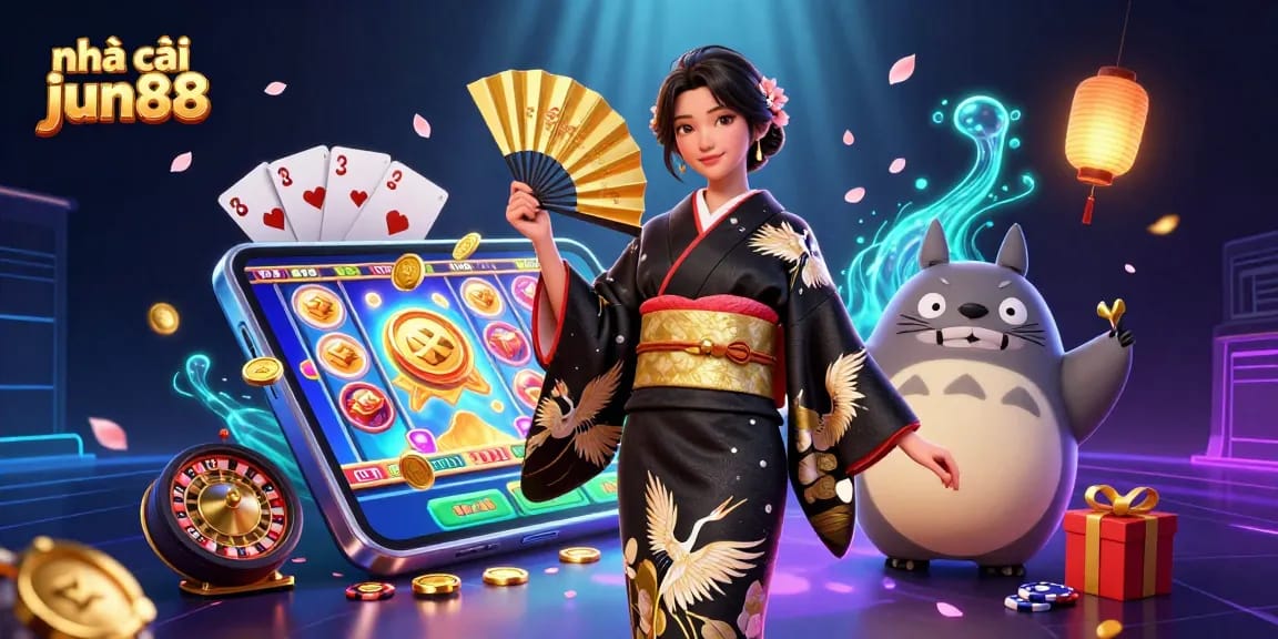 Experience the excitement of nhà cái jun88 with vibrant gaming elements in a stunning 3D scene.