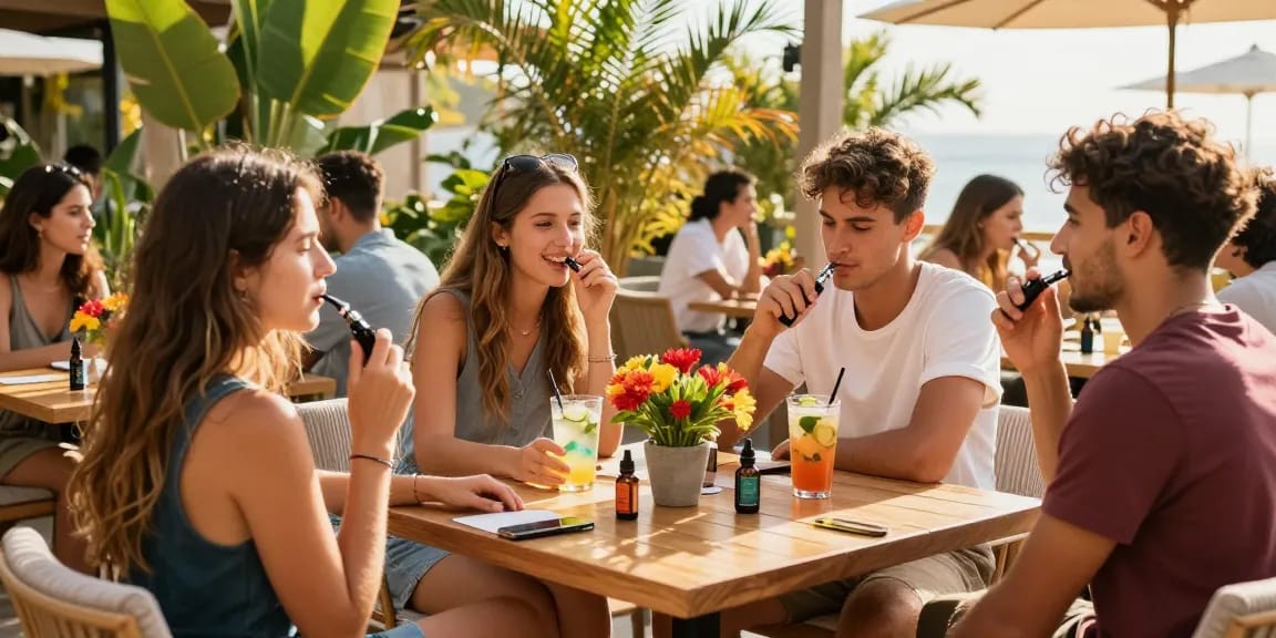 Can you vape in Cyprus? A social gathering showcasing vape device, CBD oil, and a cheerful café atmosphere