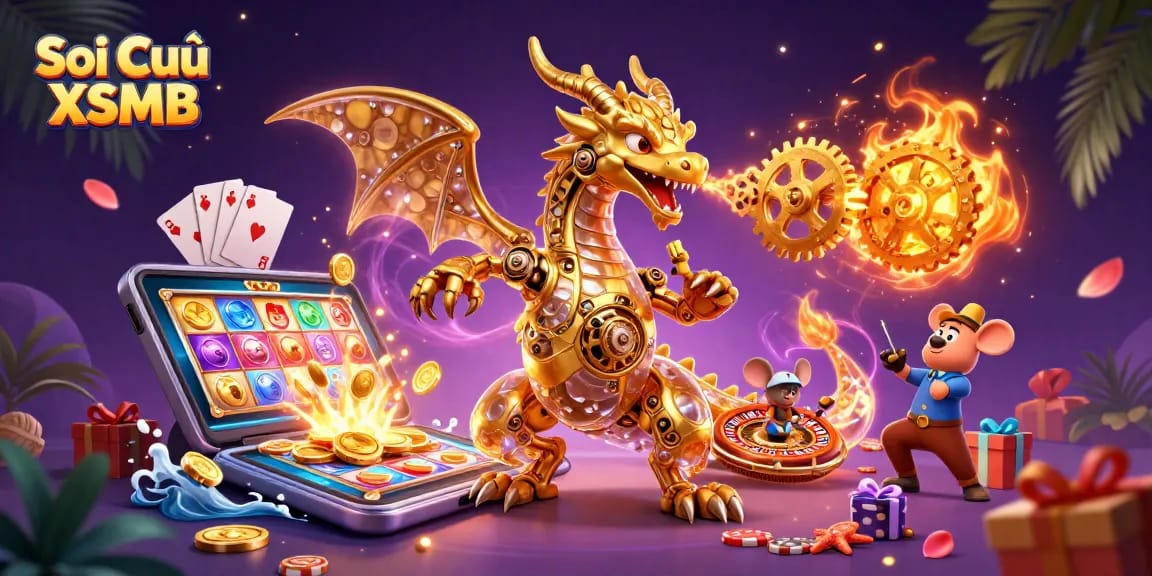 Soi Cầu XSMB illustrates a golden dragon breathing gears in a vibrant casino scene full of gaming elements.