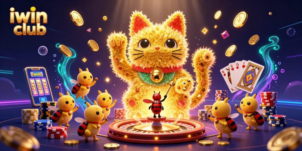 Join the excitement at iwin club with a vibrant casino scene featuring a giant lucky cat!