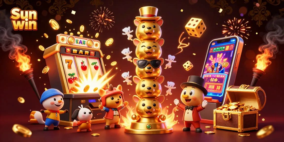 Win big with Sun win in this vibrant 3D casino scene featuring dynamic game elements and a jackpot explosion.