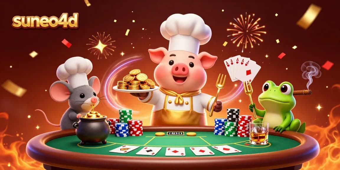 Suneo4D engages players with a lively scene featuring whimsical characters at a poker table.