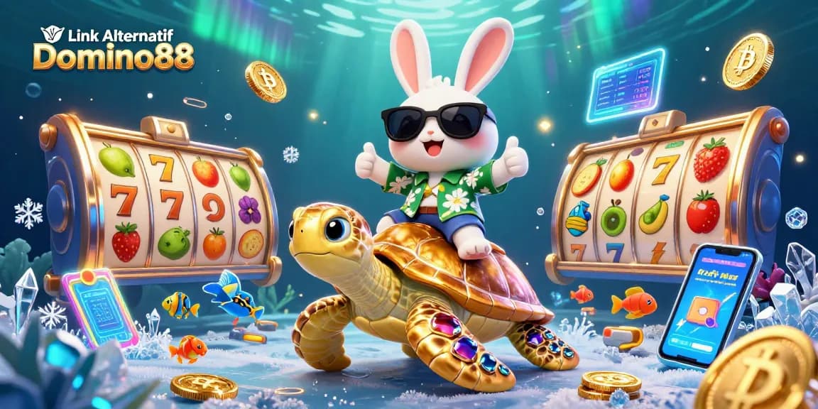 Engage with Link Alternatif Domino88 for mega slot fun, featuring vibrant characters and casino elements.