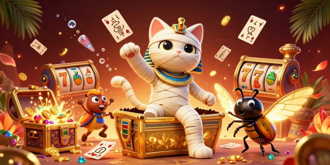 Experience exciting gaming at nhacaiuytin88 with a cartoon mummy cat and vibrant casino scene.