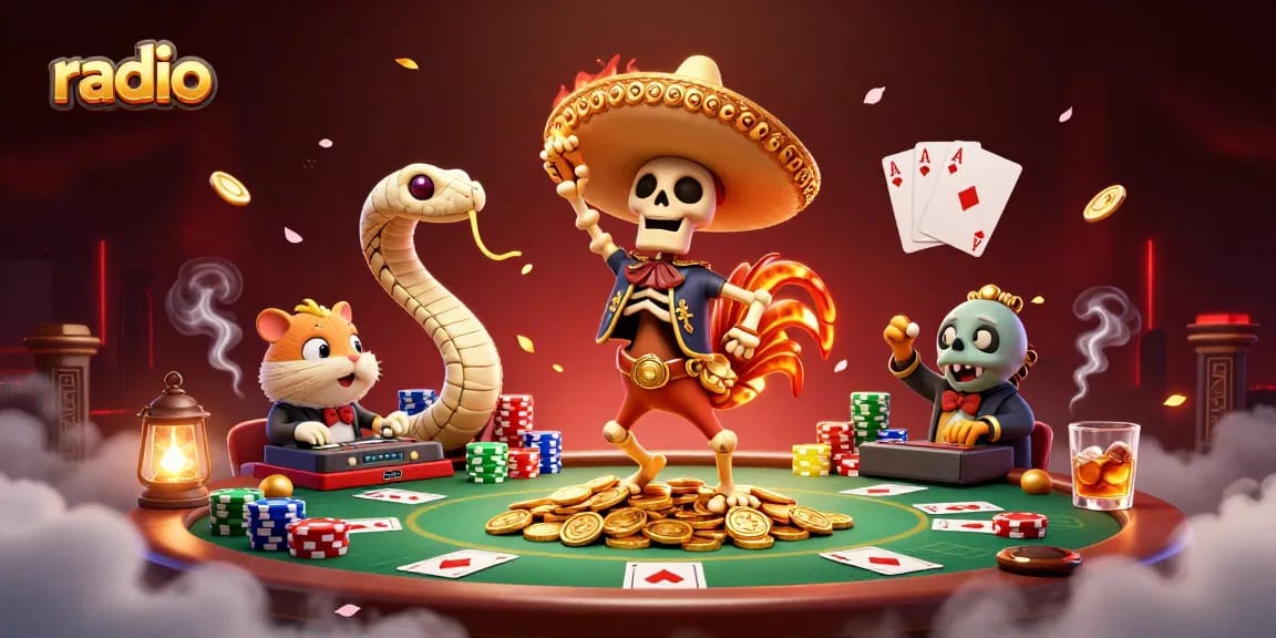 Celebrate big wins at the radio-themed online casino with festive characters and gaming excitement.