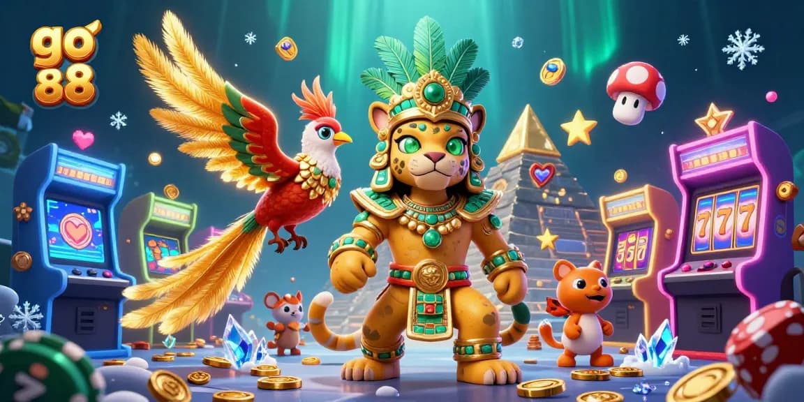 Engage with go 88's immersive casino adventure featuring 3D characters, slot elements, and vibrant casino visuals.