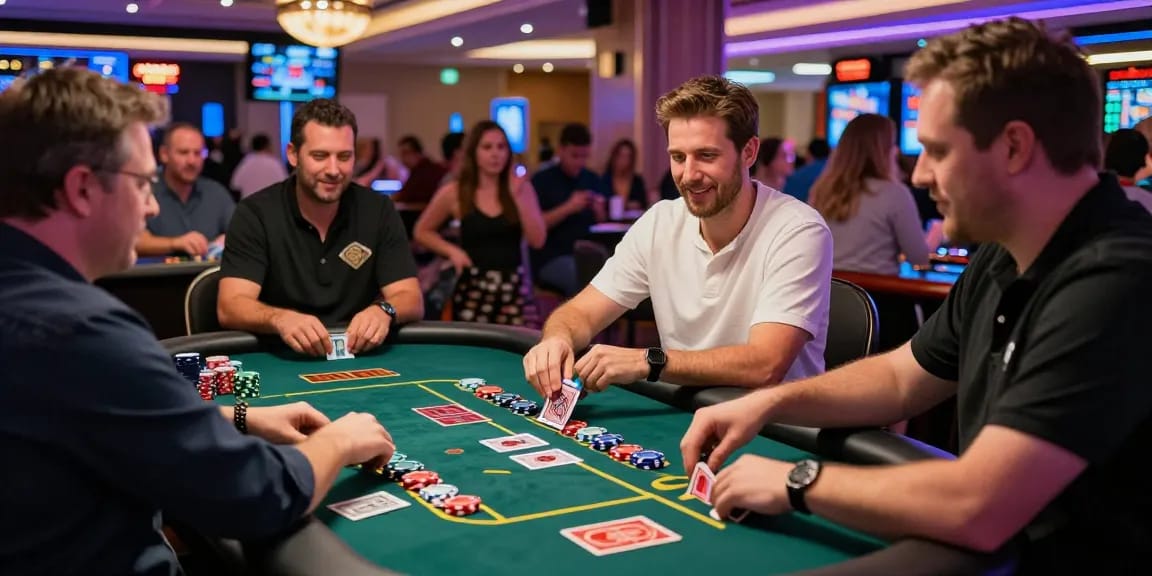 Engaged players at a Grandbetting live casino table enjoying an immersive gaming experience.