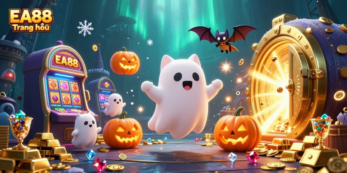 Experience the whimsical EA88 Trang chủ with a ghost cat and vampire bat in a haunted casino.