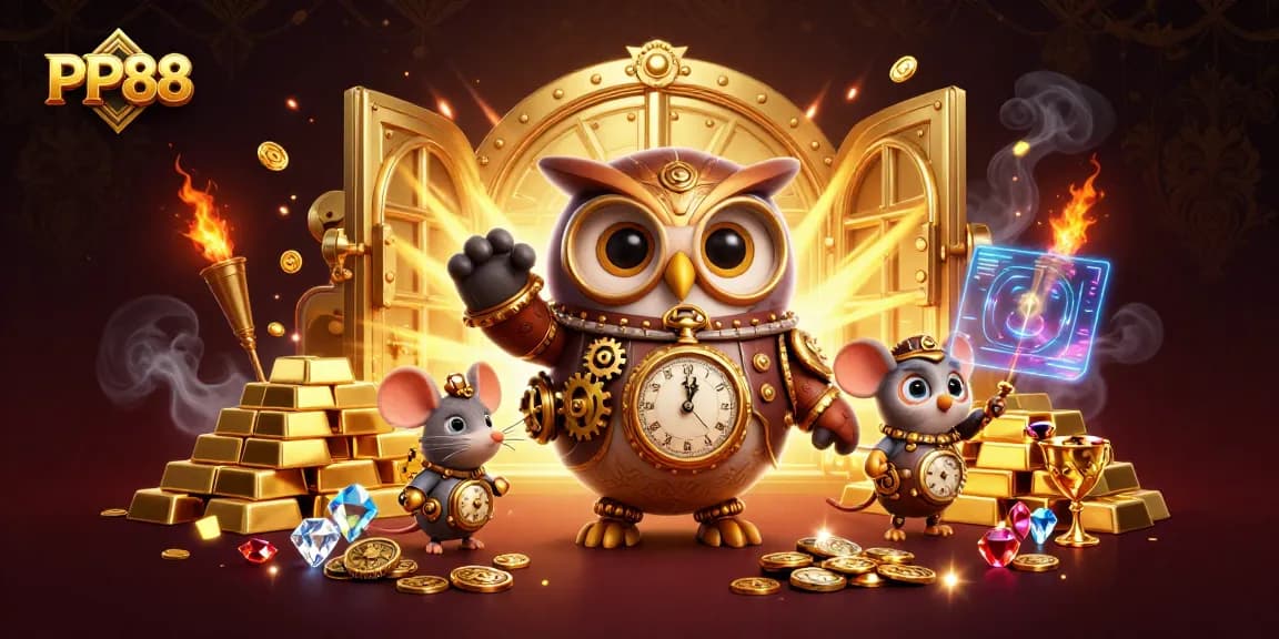 Engage with PP88, a vibrant scene showcasing a time-traveler owl amid gaming riches and casino elements.