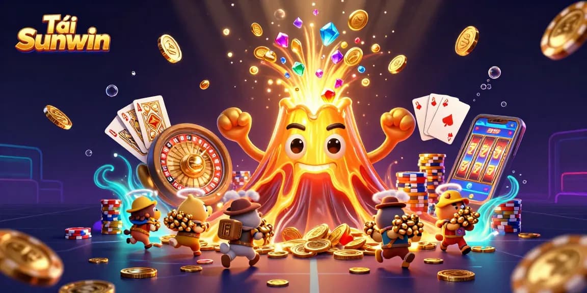 Tải Sunwin to experience thrilling online gambling with treasures cascading from a golden volcano.