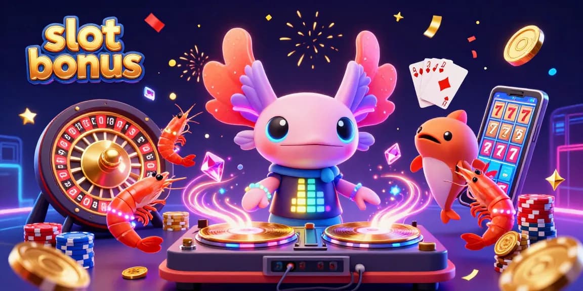 Spin and win big with the slot bonus in this vibrant casino illustration featuring 3D characters and golden elements.