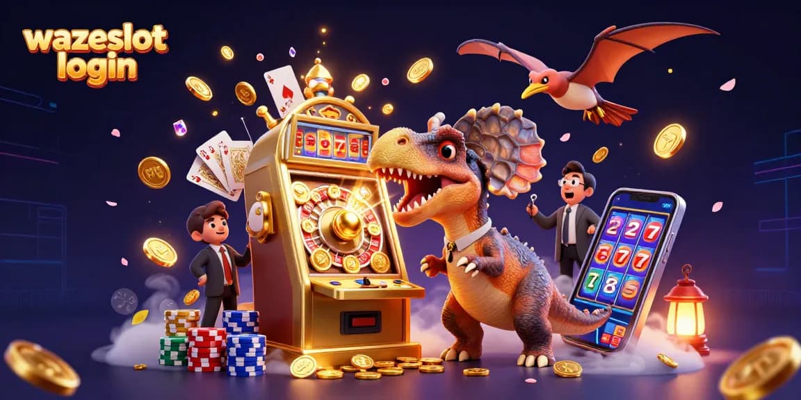 Experience the excitement of wazeslot login as a dinosaur heads for jackpot coins, surrounded by casino elements.