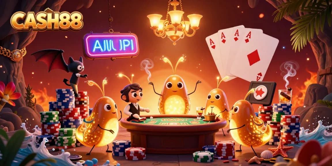 Engage with CASH88's vibrant cave casino scene illuminated by glowworms and a bat dealer.