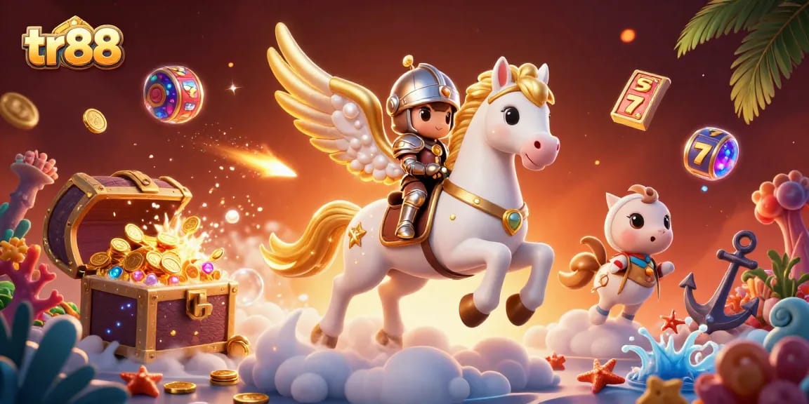 Engage in thrilling casino adventures with tr88 featuring gold coins, slot reels, and a celestial knight.