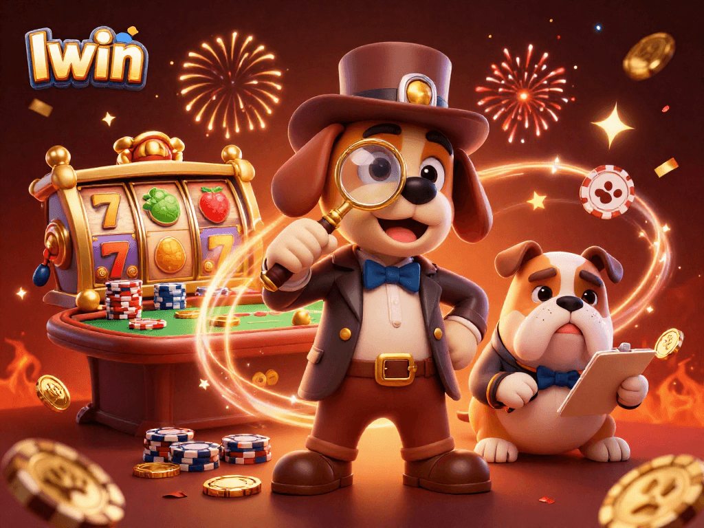 Iwin spins the luck of golden poker chips and slot reels with vibrant fireworks in a thrilling casino scene.