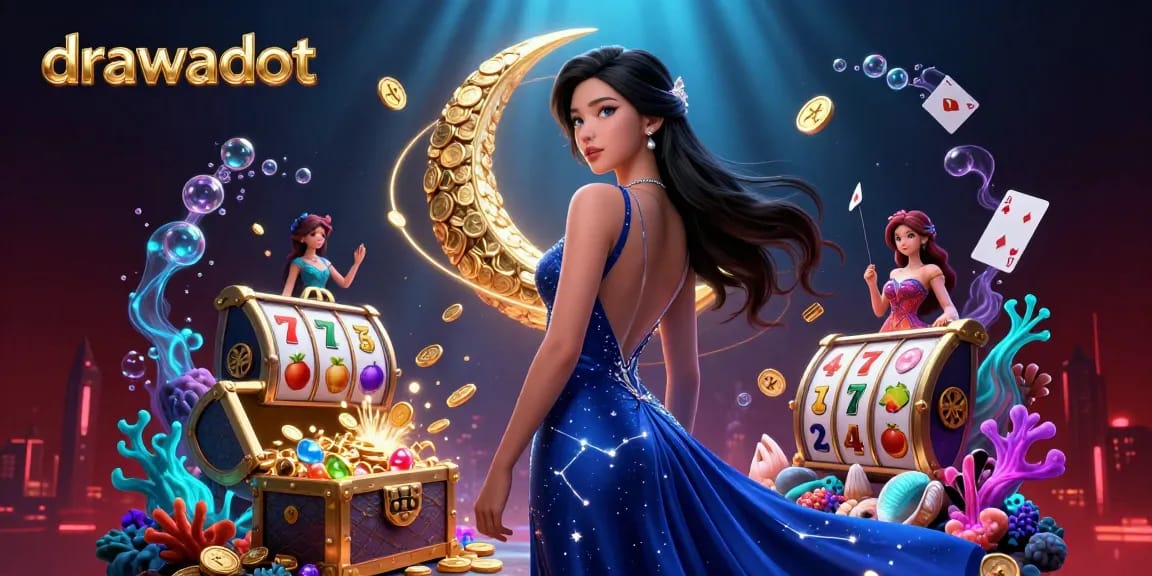 Engage with drawadot's vibrant slot gaming illustration featuring an elegant Asian woman amidst dynamic casino elements.