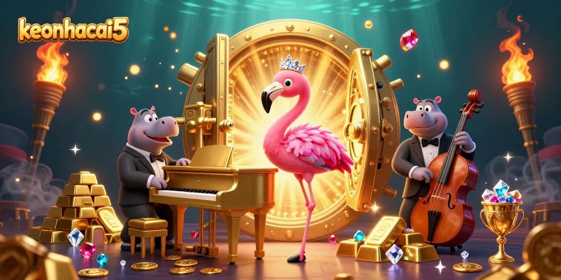 Experience the thrill of casino magic with keonhacai5, featuring a flamingo singer and hippo bassist in a vibrant illustration.