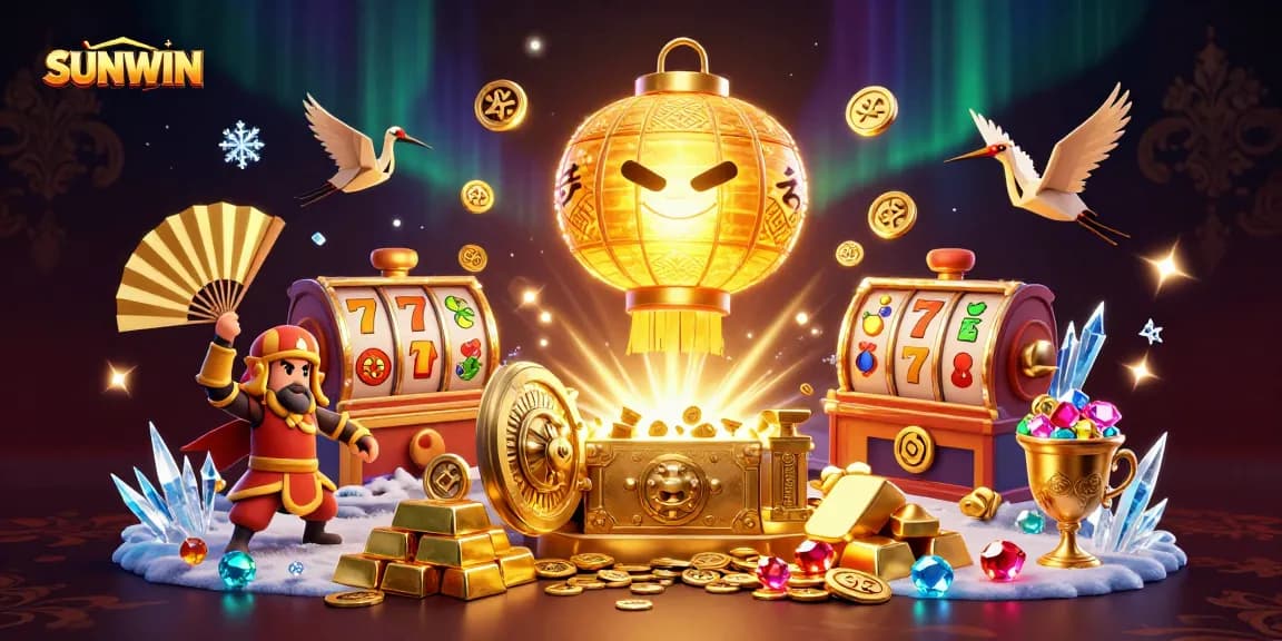 SUNWIN offers an exciting casino experience with golden treasures and animated characters in this engaging illustration