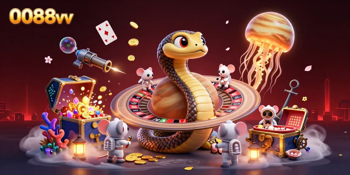 A thrilling scene featuring engaging characters from 0088vv casino, where astronaut mice bet on the rings of a roulette wheel with gold coins and underwater treasures.