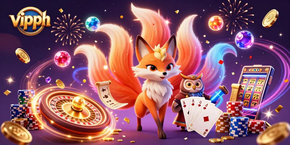 Engage with vipph's vibrant gaming experience featuring a nine-tailed fox and wise owl, surrounded by festive casino elements.