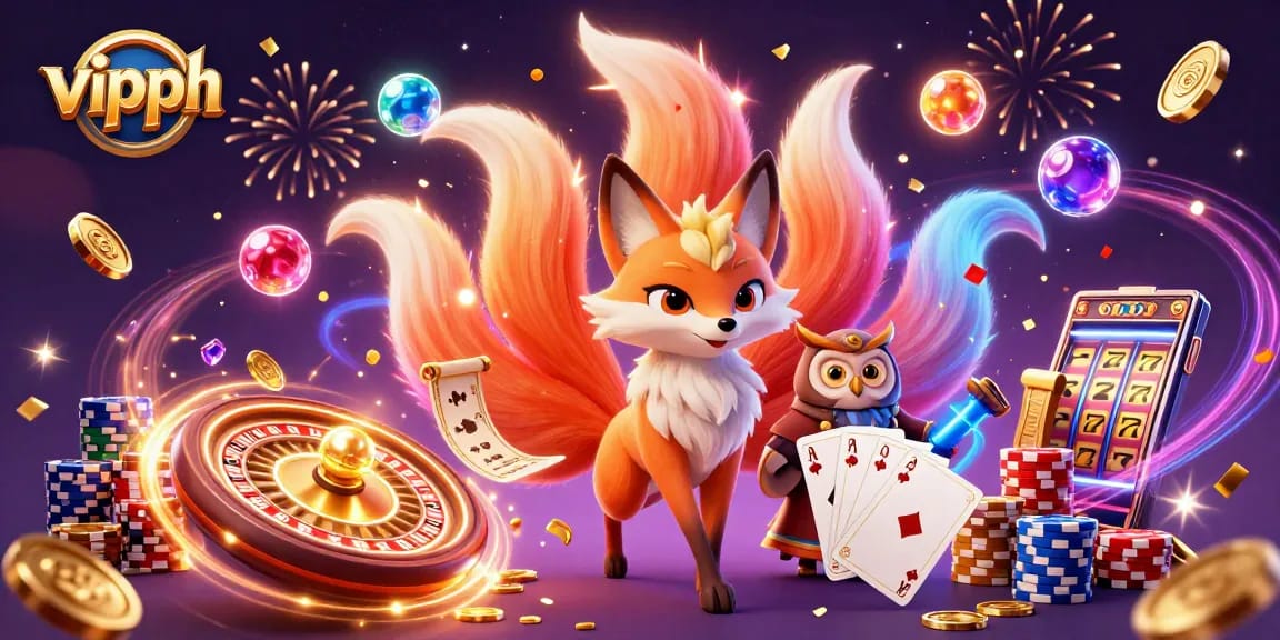 Engage with vipph's vibrant gaming experience featuring a nine-tailed fox and wise owl, surrounded by festive casino elements.