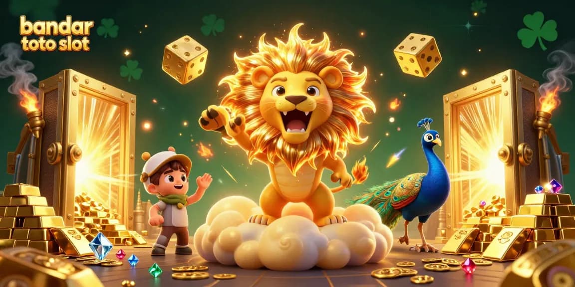 Experience thrilling wins with bandar toto slot featuring a cartoon lion and shimmering treasures.
