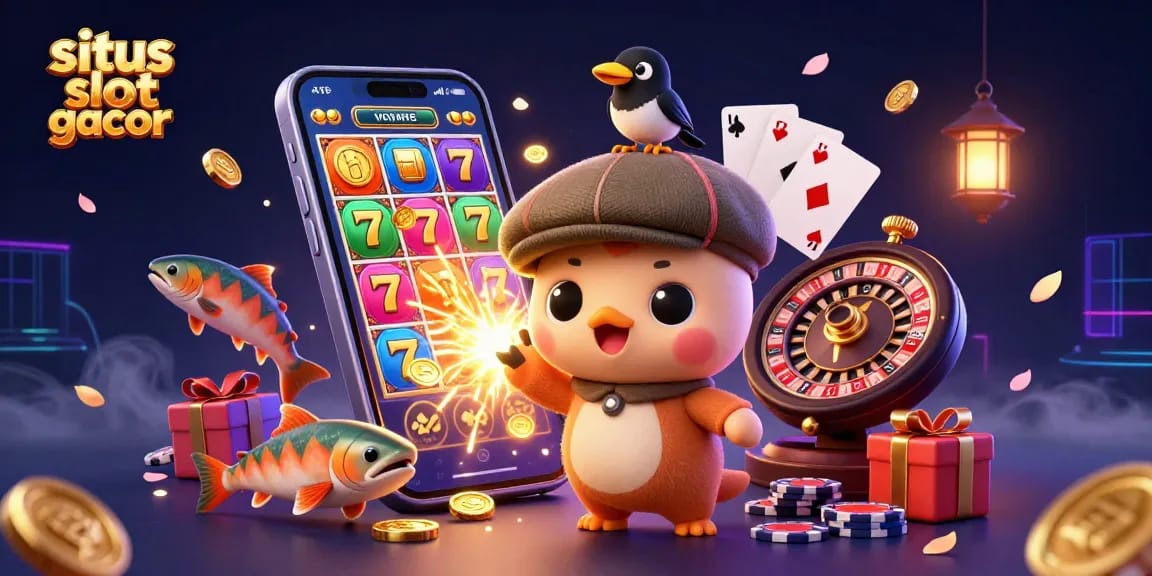 Engage with situs slot gacor through an entertaining scene featuring cartoon characters and vibrant casino elements.