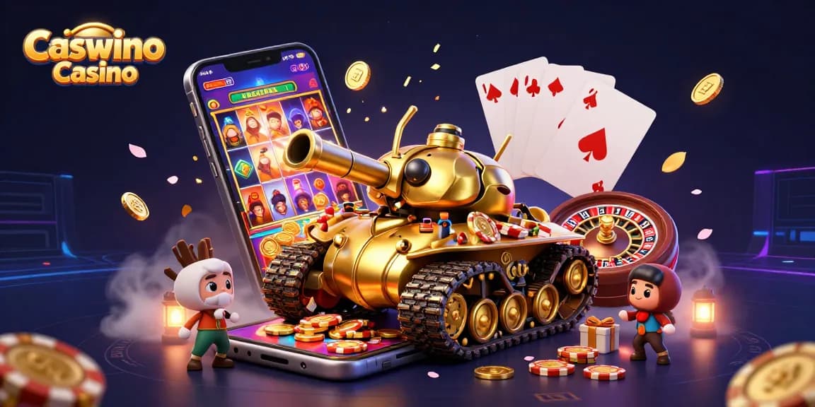 Experience the thrill of Caswino Casino with a dynamic 3D illustration showcasing vibrant gaming elements.
