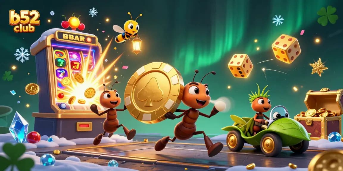 Experience the thrill and excitement of b52club in this dynamic heist illustration of ants and casino themes.