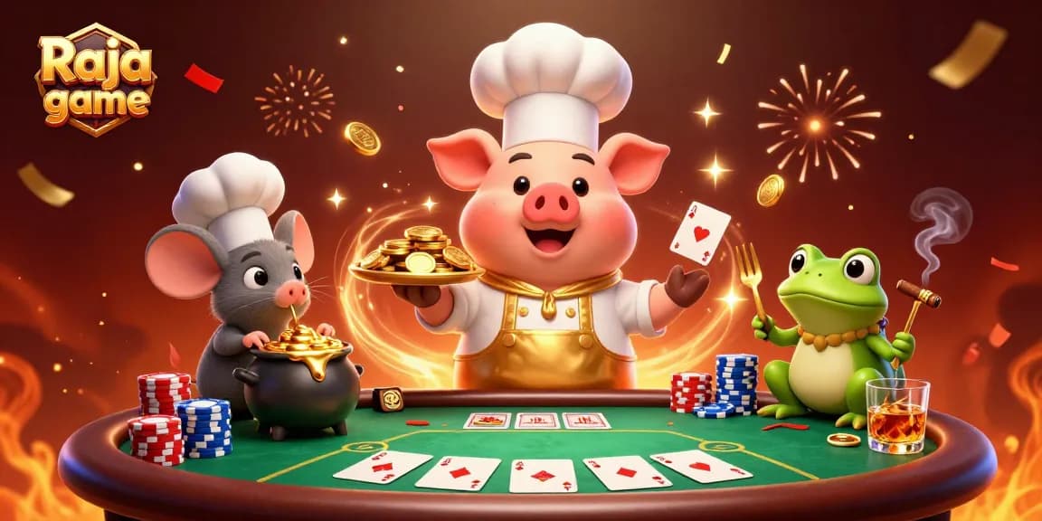 Experience thrilling actions at Raja game with lively characters, gold coins, and poker excitement.