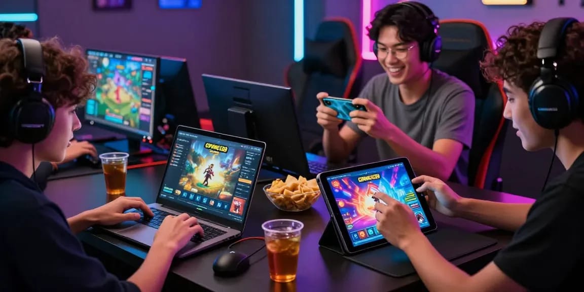 Permainan online CIPUNG138 dengan pemain yang antusias menggunakan berbagai perangkat untuk bermain slot, menciptakan suasana gaming yang seru.