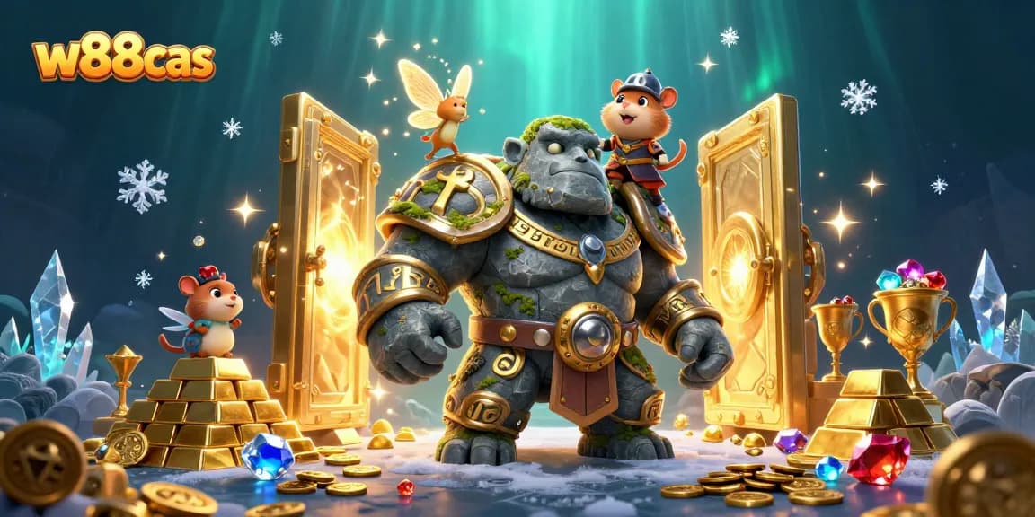 Experience thrilling gaming adventures with w88cas as the golem, fairy, and hamster knight navigate a treasure-filled scene.