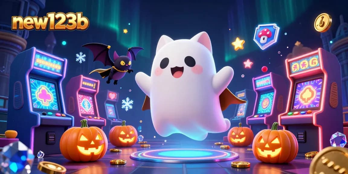 Experience the excitement of new123b with a friendly ghost cat and vibrant casino elements.