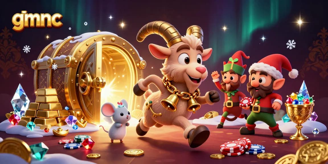 Spotted the GMNC goat amidst a chaotic casino scene, capturing festive holiday mischief.