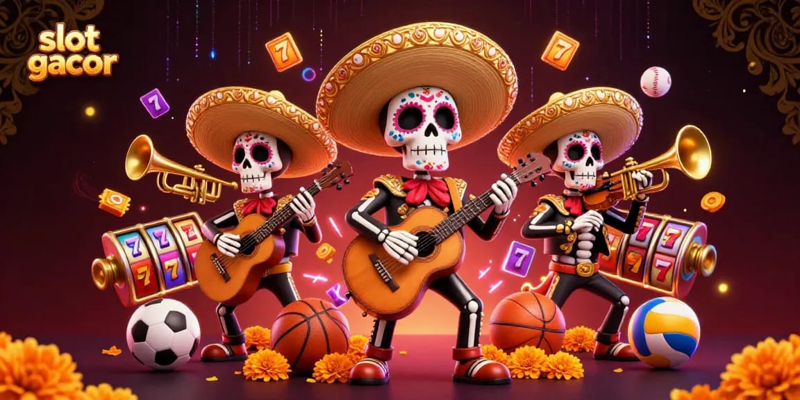 Engage with slot gacor action in this vibrant 3D illustration featuring a mariachi band, colorful game elements, and dynamic energy.