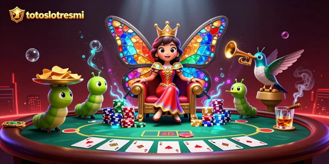 Engage with the exciting world of totoslotresmi, featuring a vibrant casino scene with a butterfly queen and giant poker chips.