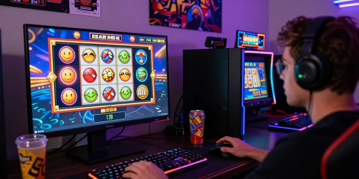 Pemain menikmati permainan slot online dengan antusias di ruangan gaming yang cerah
