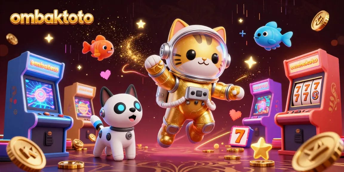 Engage with ombaktoto's slot reels as a space astronaut cat plays surrounded by gaming elements.