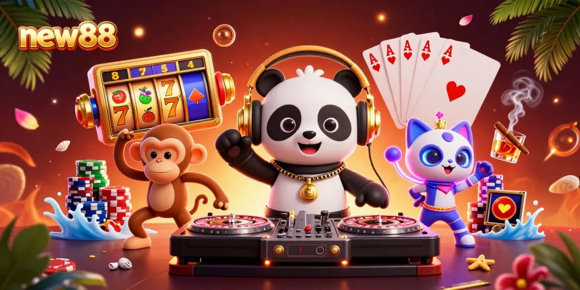 Experience thrilling gameplay at new88 with vibrant illustrations showcasing engaging slot machines and character action.