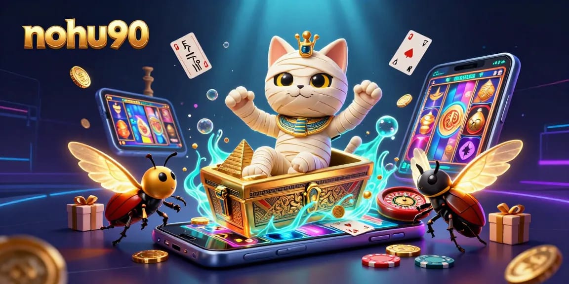 Nohu90 enchants players with a vibrant slot game scene featuring an Egyptian mummy cat.