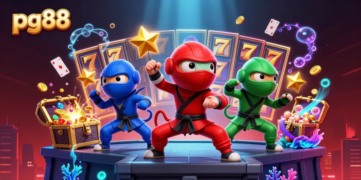 Engage in thrilling slots at pg88, featuring vibrant 3D ninja chameleons amidst festive casino elements.