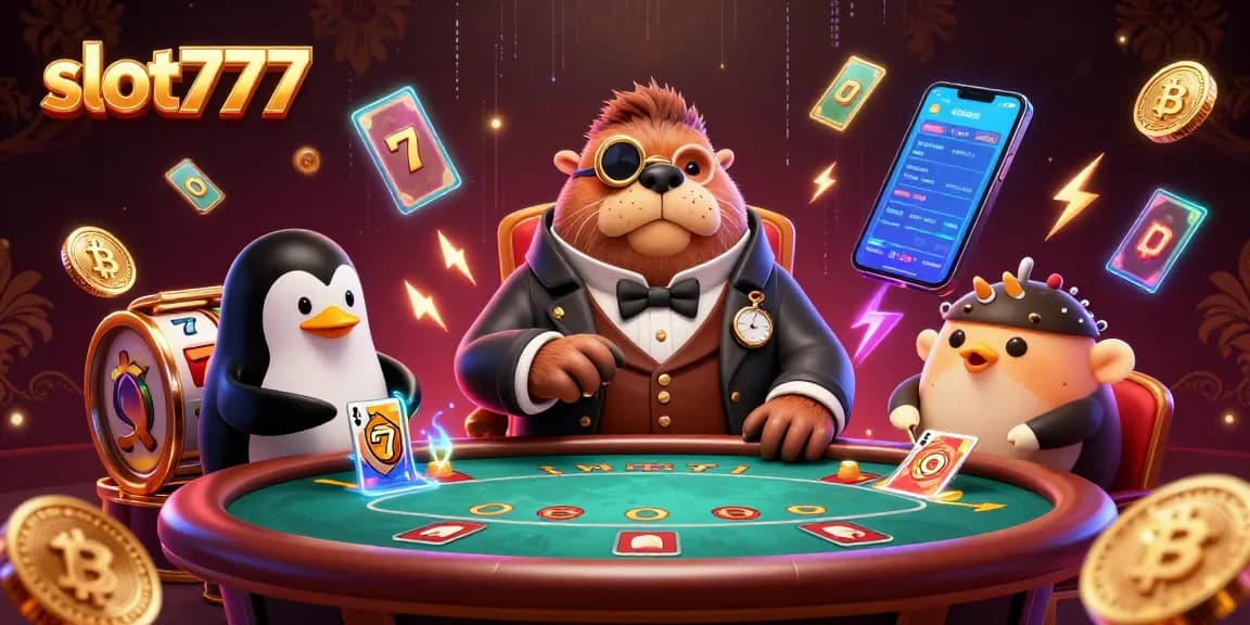 Experience thrilling slot777 games with a jolly walrus and friends, immersed in vibrant casino excitement.