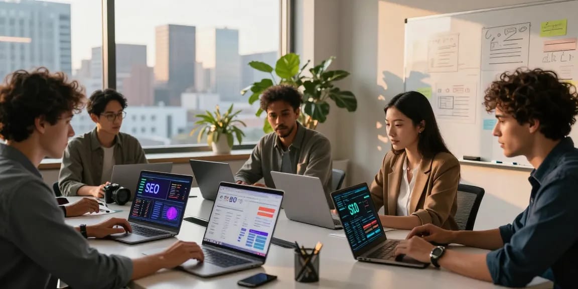 Digital marketers collaborating on AI SEO tools strategies in a modern office environment, showcasing SEO analytics and teamwork.