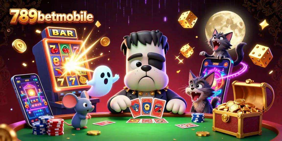 Engage with the lively scene at 789betmobile featuring a cartoon bulldog dealer, casino elements, and a vibrant atmosphere.