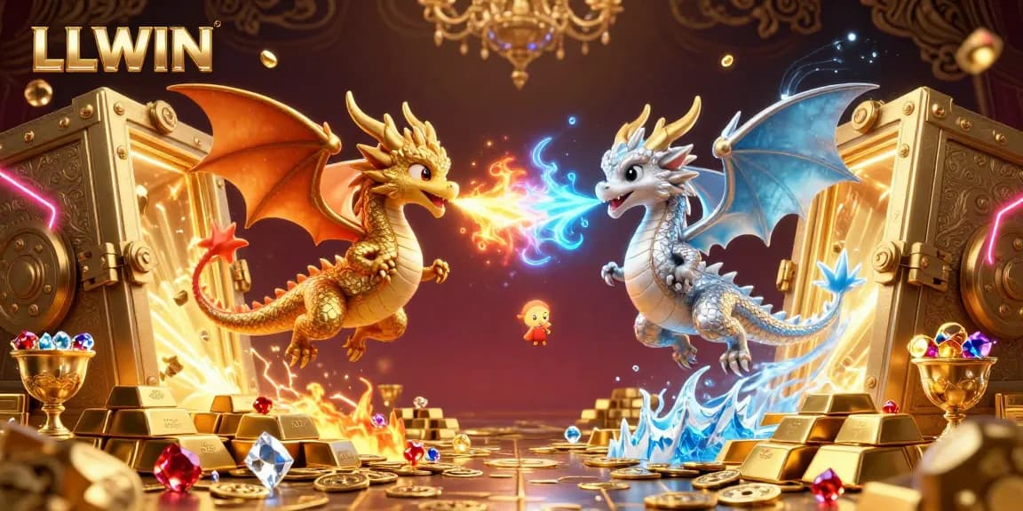 Experience LLWIN's thrilling online casino vibe with two dynamic dragons and treasure in a vibrant setting.