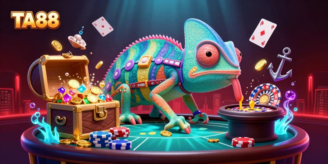 TA88 chameleon casino owner delights as golden coins fly from a treasure chest in this vibrant 3D scene.