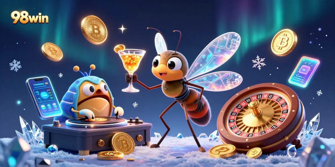 Join the excitement of 98win with a vibrant casino scene featuring unique elements and crypto excitement.