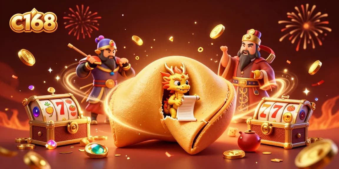 Experience thrilling slots at c168 with a golden fortune cookie, dragon, and vibrant casino elements.