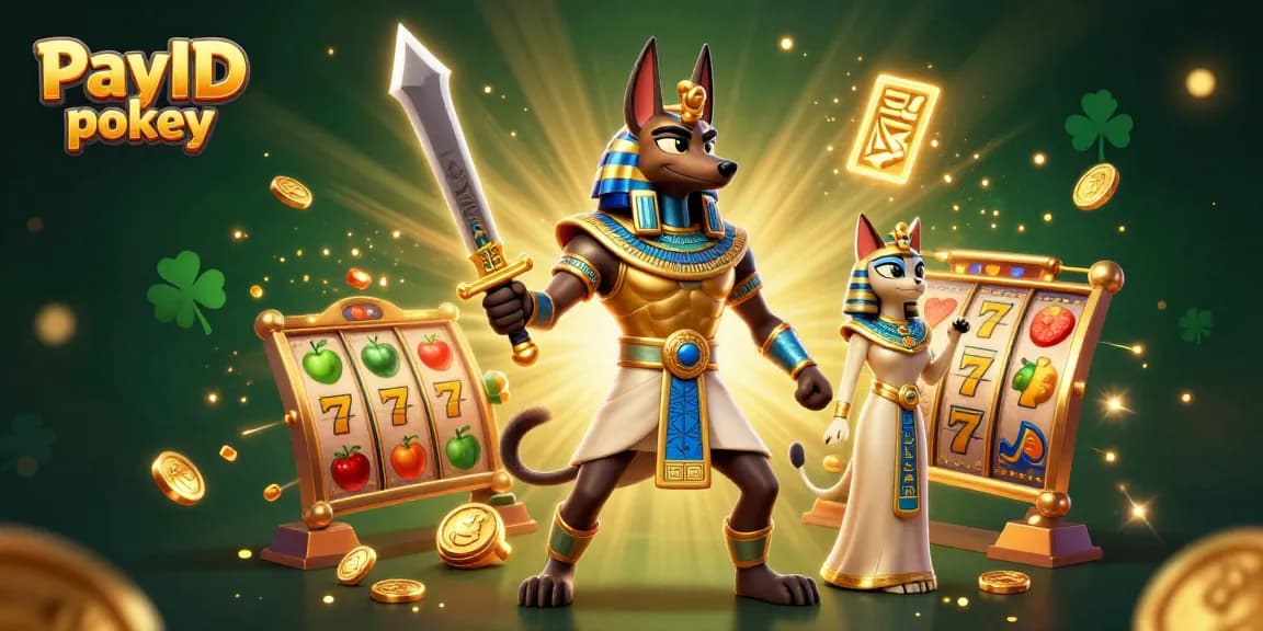 Engage with PayID pokies featuring Anubis and Bastet amidst vibrant slots and golden coins.